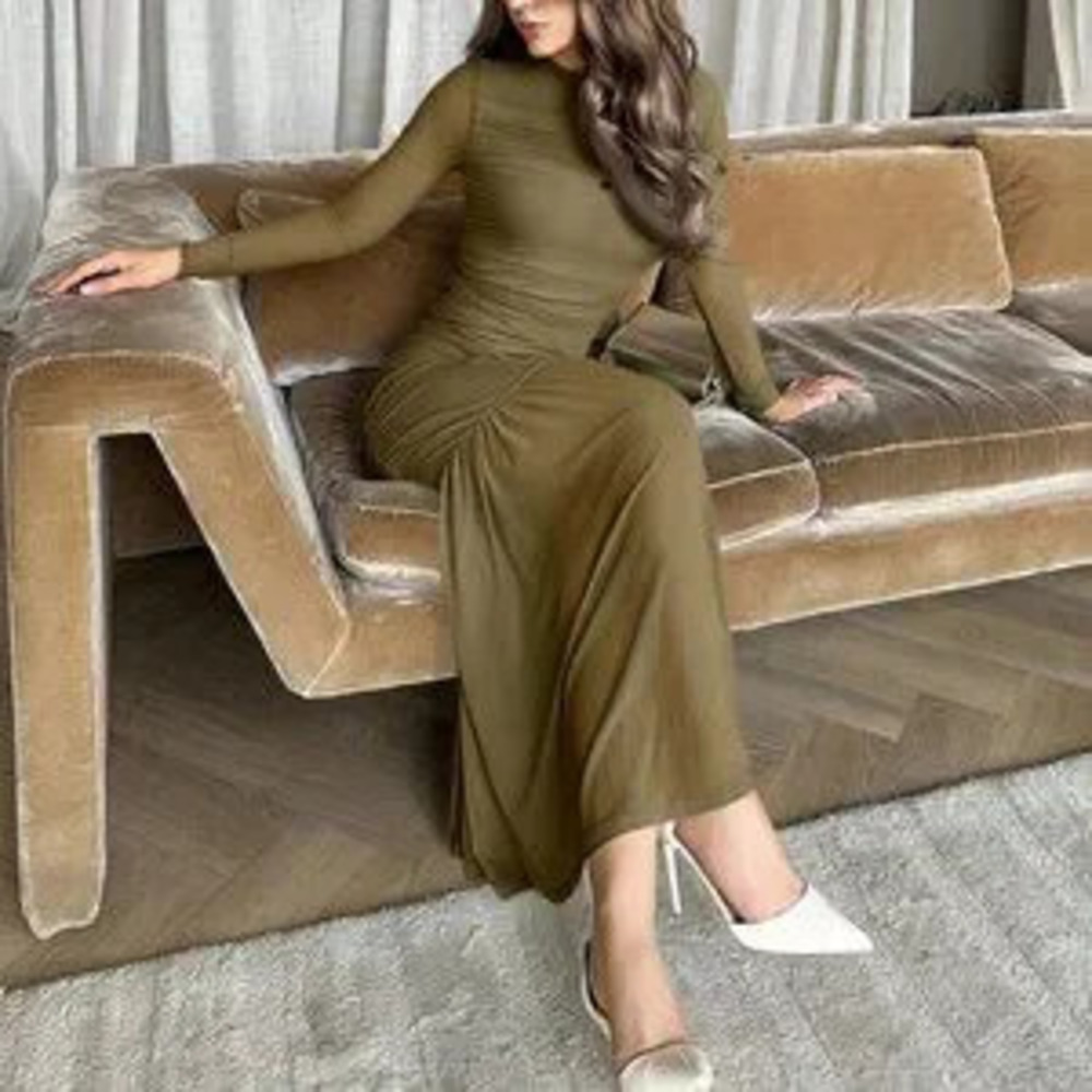 ZARA Army Green Elegant Women's Long Sleeve Mesh Dress